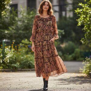 Lost + Wander Paisley Midi Dress in Brown and Black